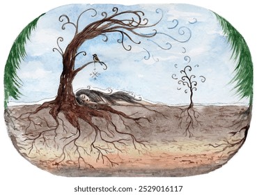 Watercolor illustration of Mother Nature in December. Sleeping girl under the bare tree, under snow, little bird sits on a branch. Winter pagan deity, Nature spirit. Forest spirit, fairy tale artwork.