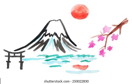 watercolor illustration of mount Fuji and sakura in Japan, vector