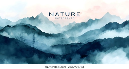 Una ilustración en acuarela de una cordillera con suaves tonos azules y verdes, envuelta en una niebla, creando un paisaje etéreo y atmosférico.