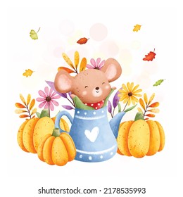 Watercolor illustration mouse with pumpkin and autumn leaves