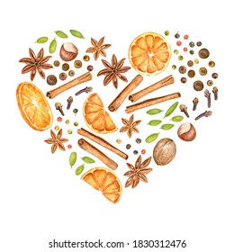 Watercolor illustration of mulled wine ingredients: oranges, anise stars, pepper, cloves, nuts and cinnamon sticks. Vector illustration for Christmas decoration.

