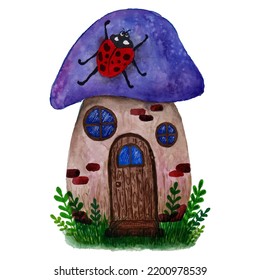 watercolor illustration of a mushroom house with a ladybug on the roof; vector illustration of a house in the form of a mushroom and with a ladybug; ladybug on the roof of the mushroom house