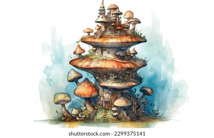 Watercolor illustration of mushrooms collection and Healthy food on white background.