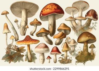 Watercolor illustration of mushrooms collection and Healthy food on white background.