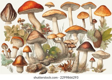 Watercolor illustration of mushrooms collection and Healthy food on white background.