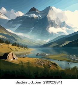 Watercolor illustration. Natural Spring landscape.