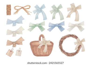 Watercolor illustration of natural stylish ribbon and basket