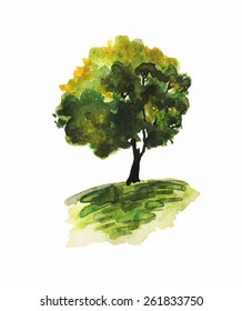 watercolor illustration of an oak tree on the hill