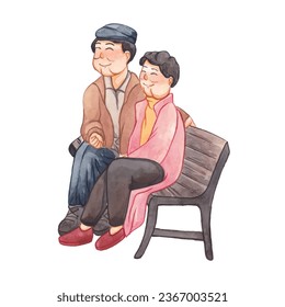 watercolor illustration of an old couple, illustration of grandmother and grandfather sitting in a chair