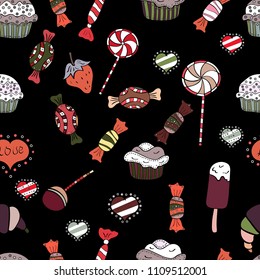 Watercolor illustration on black, white and brown colors. Vector. Candies on seamless background.