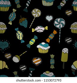 Watercolor illustration on green, black and white colors. Vector. Candies on seamless background.