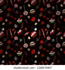Watercolor illustration on red, white and black colors. Candies on seamless background. Vector.