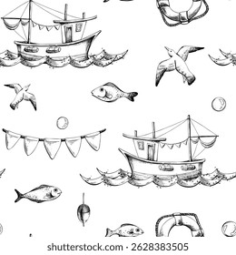 Watercolor illustration on the theme of sea fishing with a seamless pattern. Boat, lighthouse, fishing lodge, seagulls, flags, barrel, steering wheel, anchor, lifebuoy. For fabric, print, wallpaper.