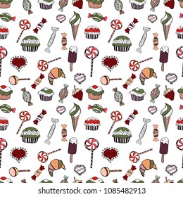 Watercolor illustration on white, black and gray colors. Vector. Candies on seamless background.