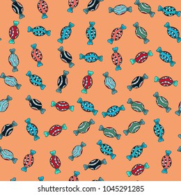 Watercolor illustration on yellow, blue and black colors. Vector. Candies on seamless background.