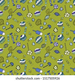Watercolor illustration on yellow, white and blue colors. Candies on seamless background. Vector.