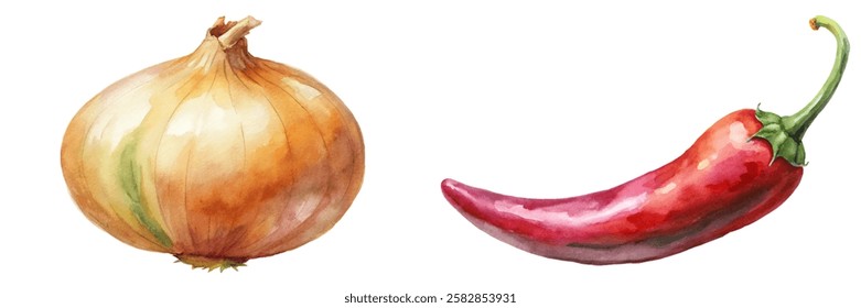 Watercolor illustration of onion, vibrant red chili pepper, fresh vegetables, culinary art, healthy cooking.