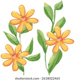 Watercolor Illustration of Orange Flowers with Green Leaves EPS