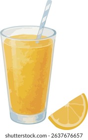 A watercolor illustration of orange juice in a glass with a straw and an orange slice. Great for summer-themed designs, cafe menus, and refreshing visuals.