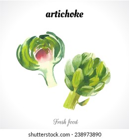 Watercolor illustration of a painting technique. Fresh organic food. Provencal style. Artichoke 