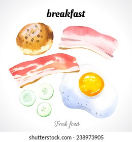 Watercolor illustration of a painting technique. Fresh organic food. Set meal for breakfast: scrambled eggs, biscuits, bacon and cucumber.