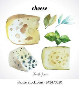 Watercolor illustration of a painting technique. Fresh organic food. Set of different noble cheeses. Bar blue cheese.