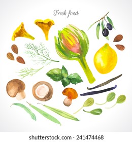 Watercolor illustration of a painting technique. Fresh organic food. Sfood, condiments and spices. 