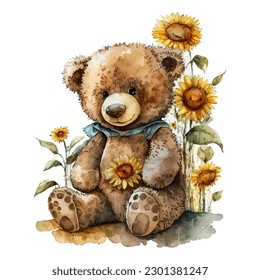 Dibujo acuarela de un oso de peluche con flores