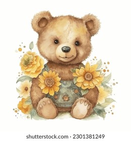 Watercolor illustration painting of a teddy bear with flowers