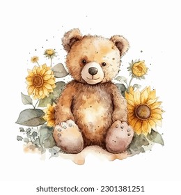 Watercolor illustration painting of a teddy bear with flowers