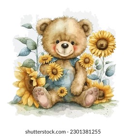 Watercolor illustration painting of a teddy bear with flowers