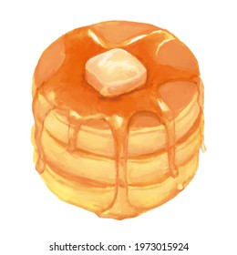 Watercolor illustration of pancakes with honey