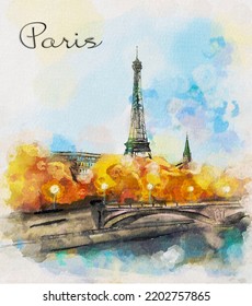 Watercolor illustration of Paris. Sketch of the Eiffel Tower. Image of autumn France