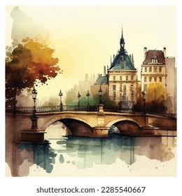 Watercolor illustration of Paris. Sketch of the Eiffel Tower. Image of autumn France