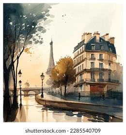 Watercolor illustration of Paris. Sketch of the Eiffel Tower. Image of autumn France