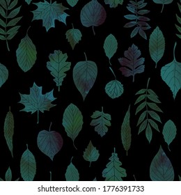 Watercolor illustration, pattern. Green leaves on a black background