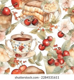 watercolor illustration pattern of tea cup cherry and cake