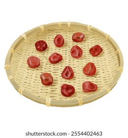 Watercolor illustration of pickled plums drying on a bamboo colander on white background