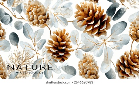 Watercolor illustration of pine cones and eucalyptus leaves.