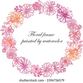 Watercolor illustration pink flower wreath frame