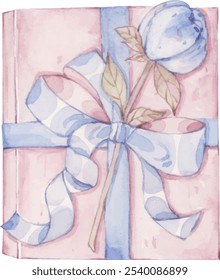 Aquarell Illustration von rosa Geschenkbox und Fliege