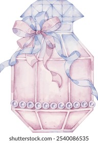 Aquarell Illustration von rosa Glasflasche und Blumen