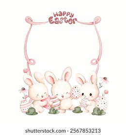 Watercolor Illustration Pink Ribbon Frame with Happy Easter Sign with Easter Rabbits Holding Easter Egg