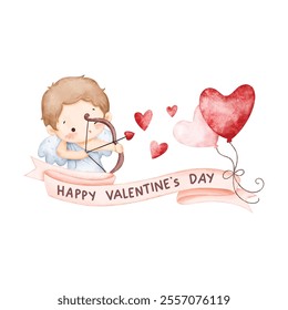 Watercolor Illustration Pink Ribbon and Happy Valentine Day Text with Cute Cupid and Heart Balloons