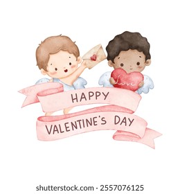 Watercolor Illustration Pink Ribbon and Happy Valentine Day Text with Cute Cupid