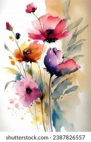 Watercolor illustration of poppies. The flowers in a delicate and painterly style, with soft hues of red, orange, and yellow. The green leaves and stems provide a nice contrast to the bright flowers, 