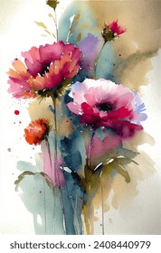 Watercolor illustration of poppies. The flowers in a delicate and painterly style, with soft hues of red, orange, and yellow. The green leaves and stems provide a nice contrast to the bright flowers