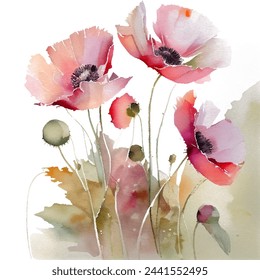 Aquarell-Illustration von Mohn. Die Blumen sind zart und malerisch, mit sanften Rot-, Orange- und Gelbtönen. Die grünen Blätter und Stängel bilden einen schönen Kontrast zu den hellen Blüten