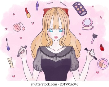 Watercolor illustration of pretty dolly girl with cosmetics. Concept of beauty blogger, make up artist. Vector Artwork EPS 10