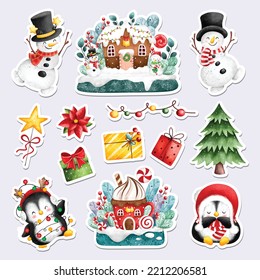 Watercolor illustration printable Christmas stickers